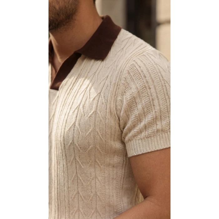 Erkek Desenli Kısa Kollu Triko Tişört - %100 Pamuk Akrilik