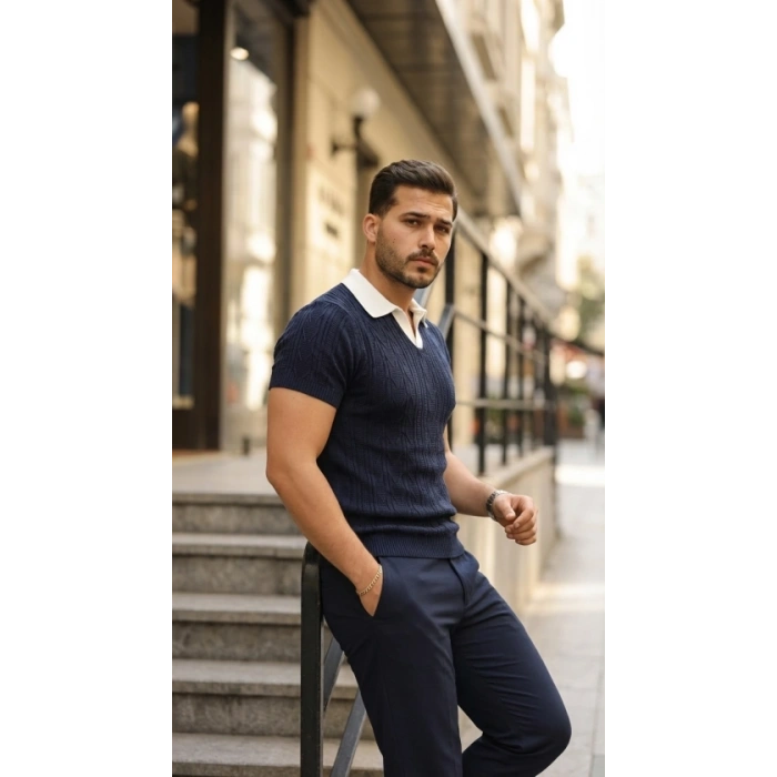 Erkek Desenli Kısa Kollu Triko Tişört - %100 Pamuk Akrilik