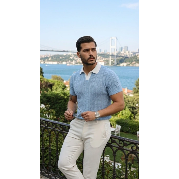 Erkek Desenli Kısa Kollu Triko Tişört - %100 Pamuk Akrilik