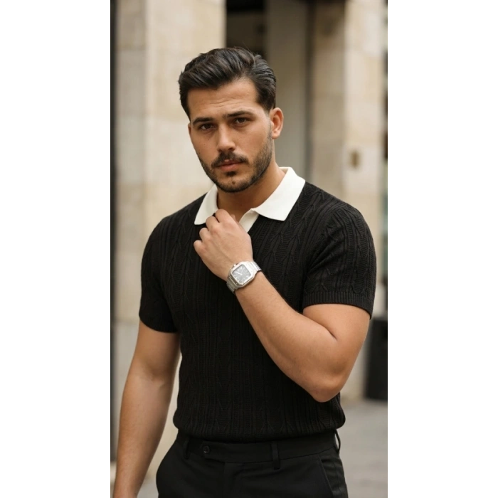 Erkek Desenli Kısa Kollu Triko Tişört - %100 Pamuk Akrilik