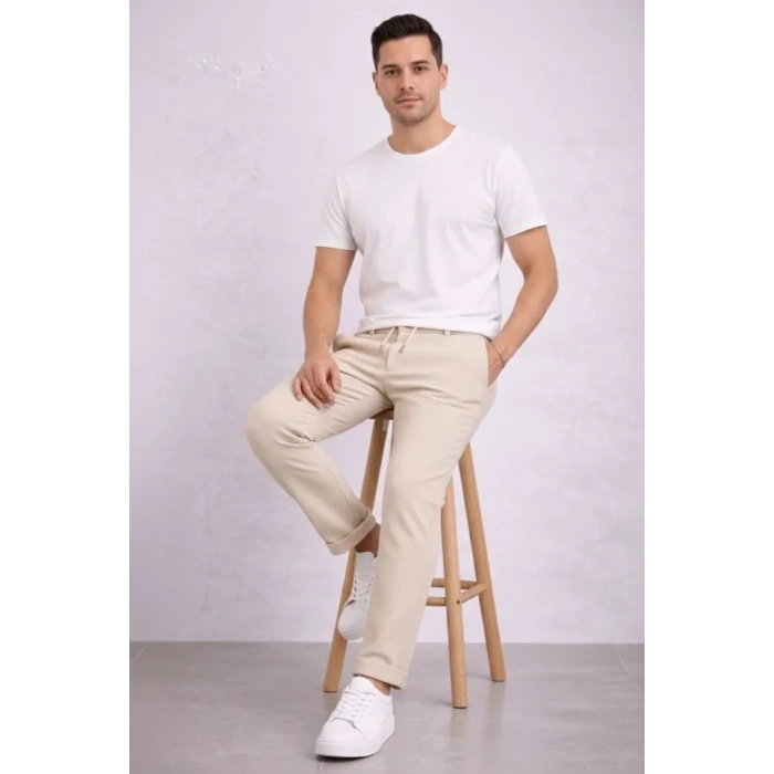 Erkek Diagonel Mikro Dokulu Duble Paça Cepli Pantolon Bağcıklı Bel, Modern Kesim - Krem