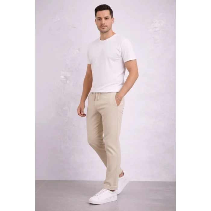 Erkek Diagonel Mikro Dokulu Duble Paça Cepli Pantolon Bağcıklı Bel, Modern Kesim - Krem