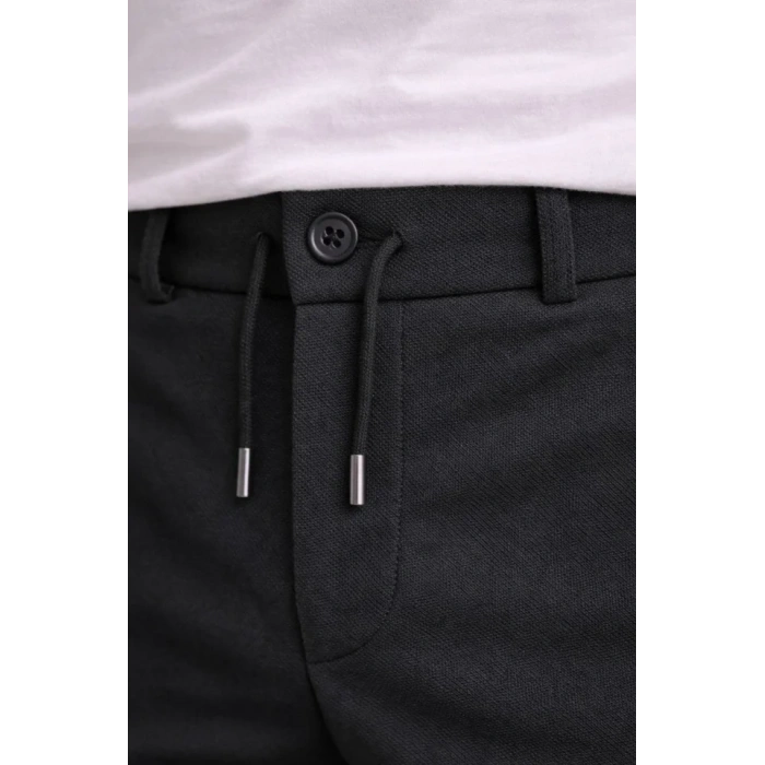 Erkek Diagonel Mikro Dokulu Duble Paça Cepli Pantolon Bağcıklı Bel, Modern Kesim - Siyah