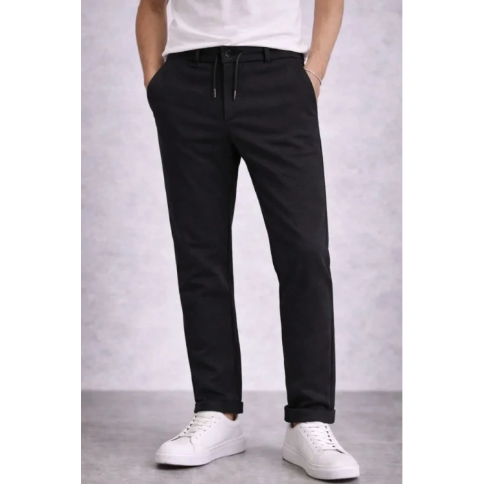 Erkek Diagonel Mikro Dokulu Duble Paça Cepli Pantolon Bağcıklı Bel, Modern Kesim - Siyah