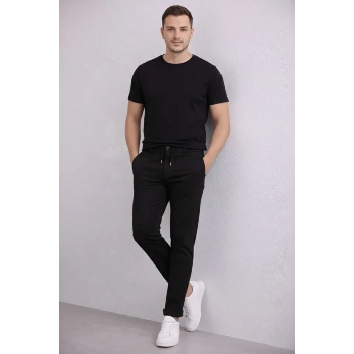 Erkek Diagonel Mikro Dokulu Duble Paça Cepli Pantolon Bağcıklı Bel, Modern Kesim - Siyah