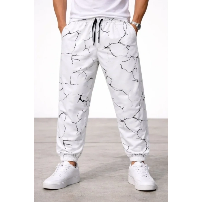 Erkek Dijital Baskılı Eşofman Altı Kışlık Üç İplik Şardonlu Kumaş Lastikli Paça, Cepli, Rahat Kalıp - Beyaz