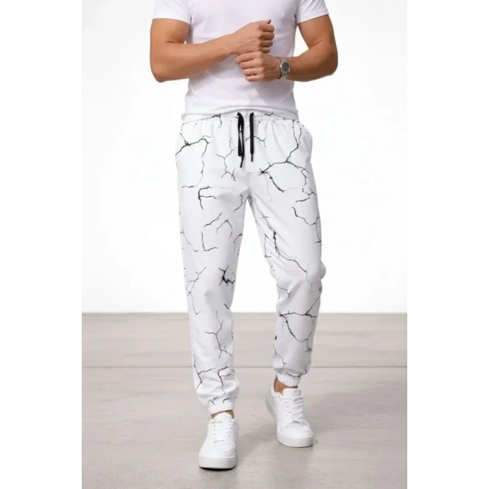 Erkek Dijital Baskılı Eşofman Altı Kışlık Üç İplik Şardonlu Kumaş Lastikli Paça, Cepli, Rahat Kalıp - Beyaz