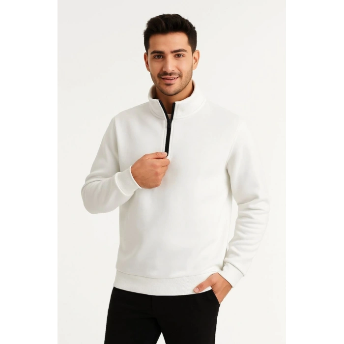 Erkek Dik Yaka Sweatshirt Dik Yaka Yarım Fermuarlı 3 İplik Şardonlu Pamuk Kumaş - Beyaz