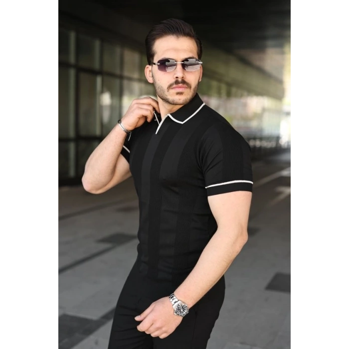 Erkek Dokulu Desen Yakalı Kısa Kollu Tişört