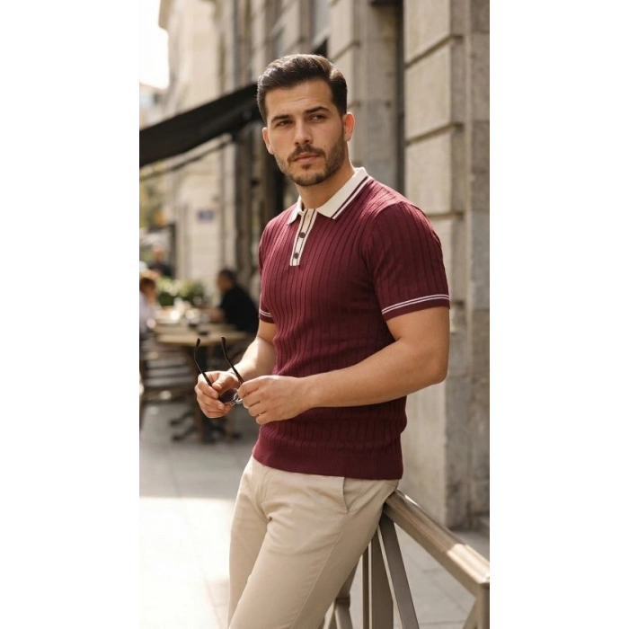 Erkek Düğme Yakalı Kontrast Yaka Triko Tişört