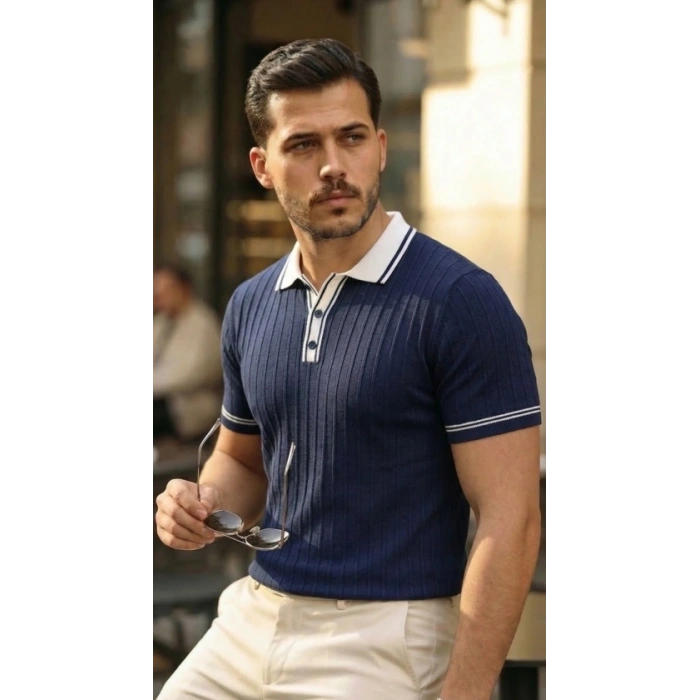 Erkek Düğme Yakalı Kontrast Yaka Triko Tişört