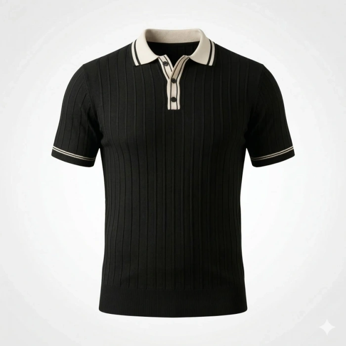 Erkek Düğme Yakalı Kontrast Yaka Triko Tişört