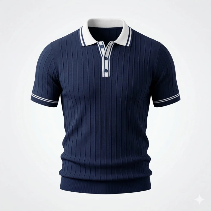 Erkek Düğme Yakalı Kontrast Yaka Triko Tişört