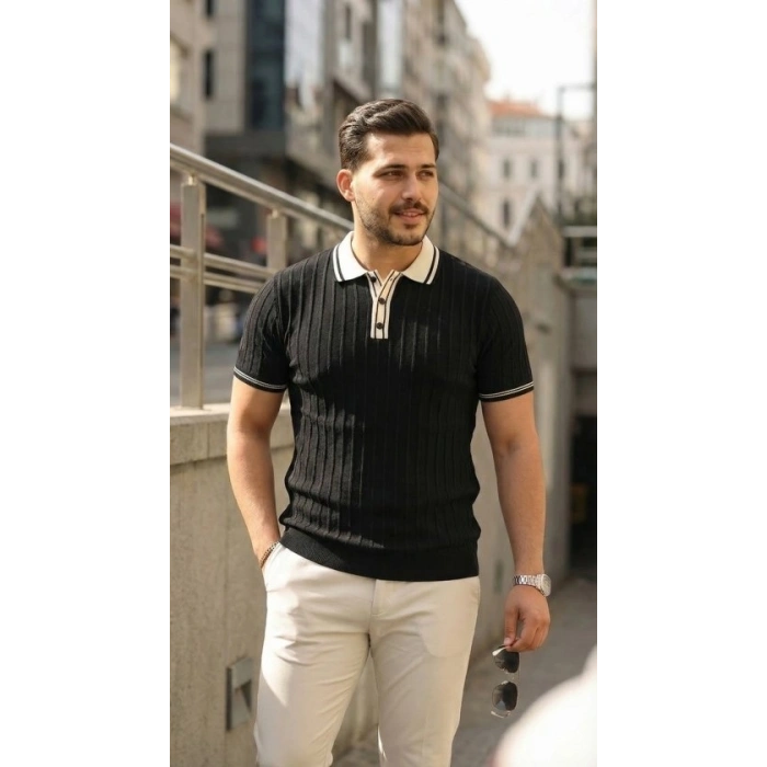 Erkek Düğme Yakalı Kontrast Yaka Triko Tişört