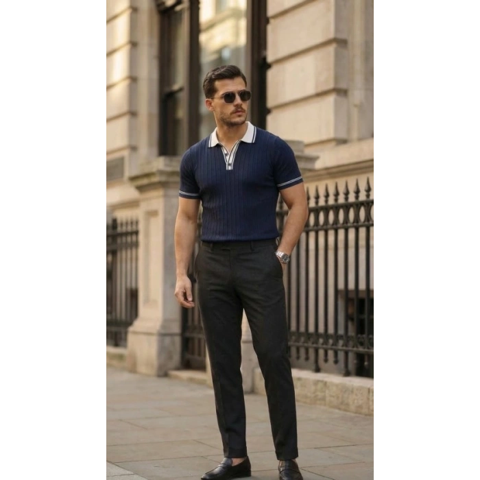 Erkek Düğme Yakalı Kontrast Yaka Triko Tişört