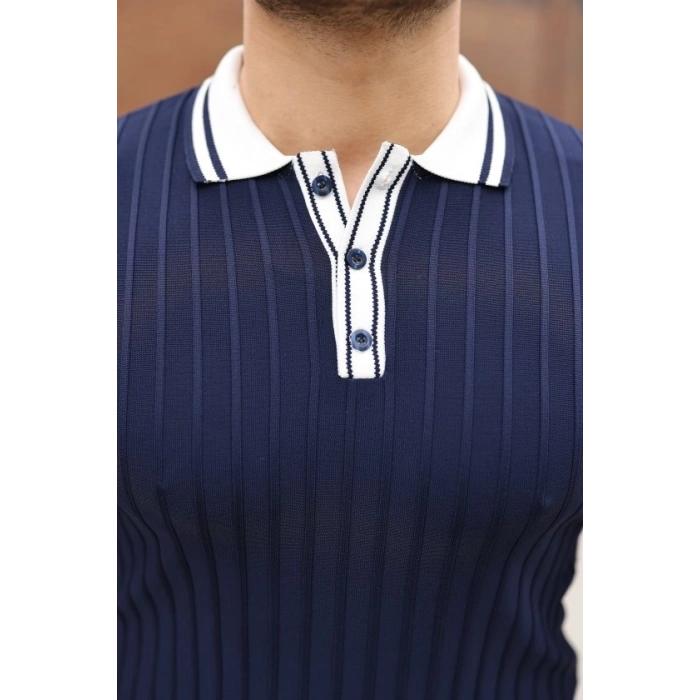 Erkek Düğme Yakalı Kontrast Yaka Triko Tişört