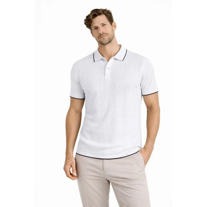 Erkek Düğmeli Yaka Triko Dokuma Tişört Desenli Yazlık Şık Günlük Triko Tişört - Beyaz