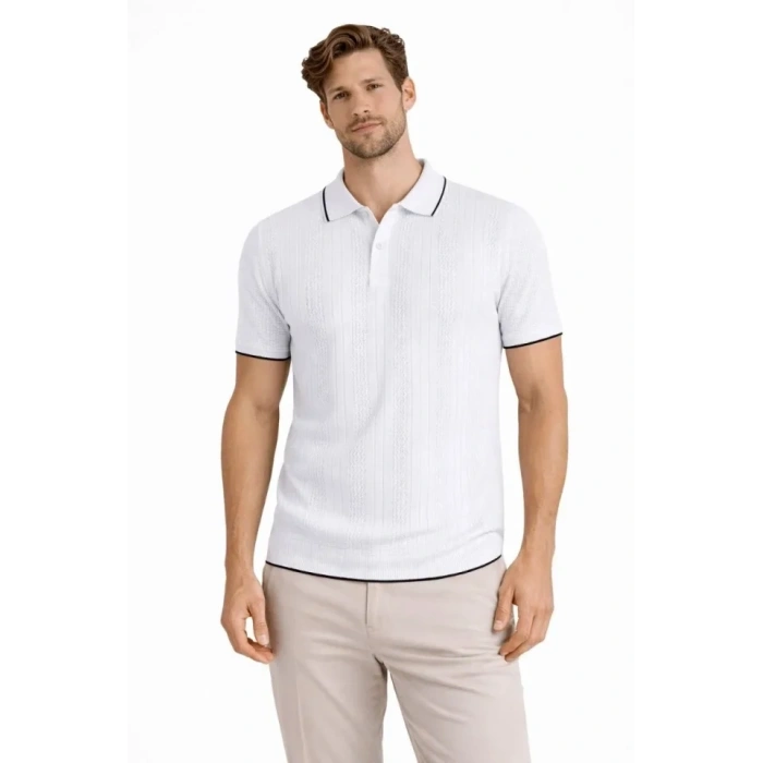 Erkek Düğmeli Yaka Triko Dokuma Tişört Desenli Yazlık Şık Günlük Triko Tişört - Beyaz