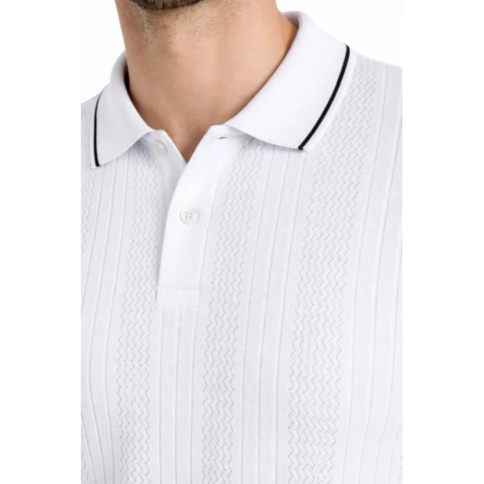 Erkek Düğmeli Yaka Triko Dokuma Tişört Desenli Yazlık Şık Günlük Triko Tişört - Beyaz