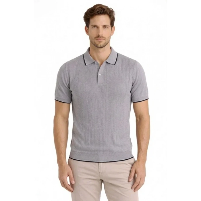 Erkek Düğmeli Yaka Triko Dokuma Tişört Desenli Yazlık Şık Günlük Triko Tişört - Gri