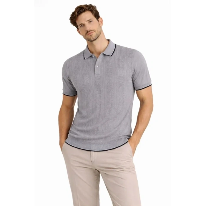 Erkek Düğmeli Yaka Triko Dokuma Tişört Desenli Yazlık Şık Günlük Triko Tişört - Gri