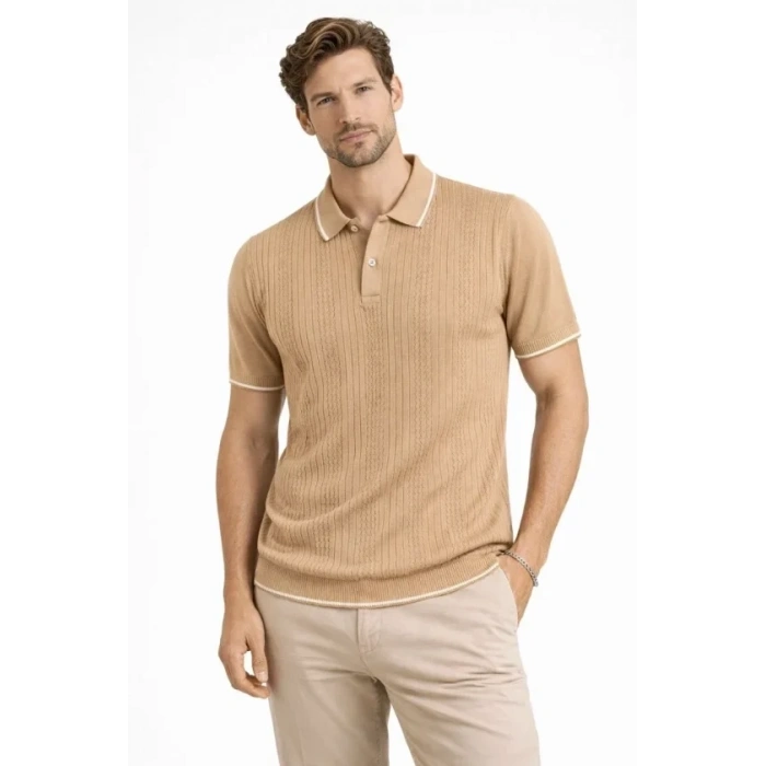Erkek Düğmeli Yaka Triko Dokuma Tişört Desenli Yazlık Şık Günlük Triko Tişört - Kahverengi