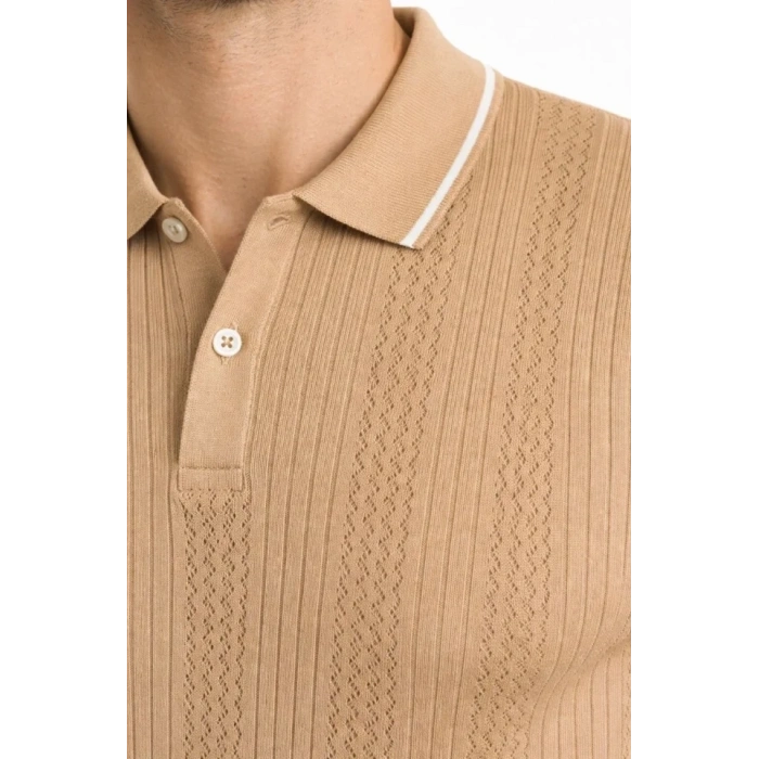 Erkek Düğmeli Yaka Triko Dokuma Tişört Desenli Yazlık Şık Günlük Triko Tişört - Kahverengi