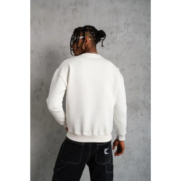 Erkek Düz Bisiklet Yaka Sweat - Beyaz