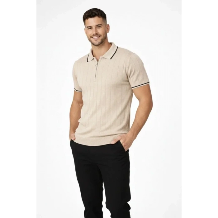 Erkek Fermuarlı Yaka Fitilli Triko Kısa Kollu Regular Fit Tişört T-shirt - Bej