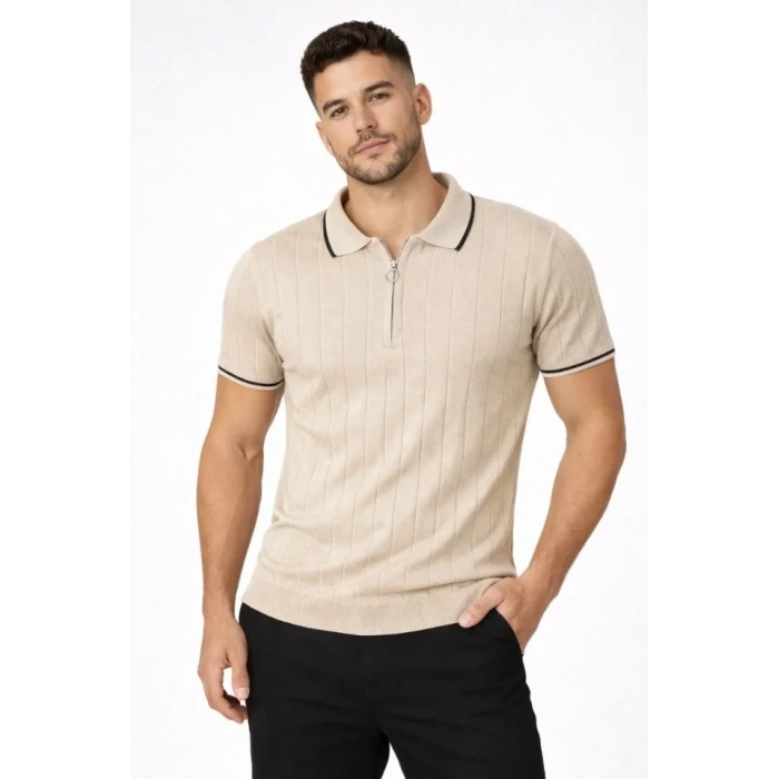 Erkek Fermuarlı Yaka Fitilli Triko Kısa Kollu Regular Fit Tişört T-shirt - Bej