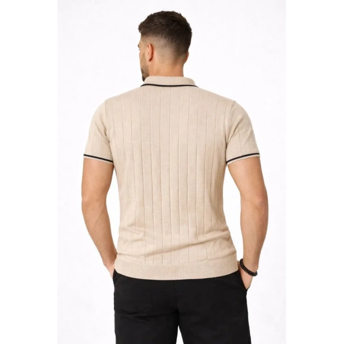 Erkek Fermuarlı Yaka Fitilli Triko Kısa Kollu Regular Fit Tişört T-shirt - Bej