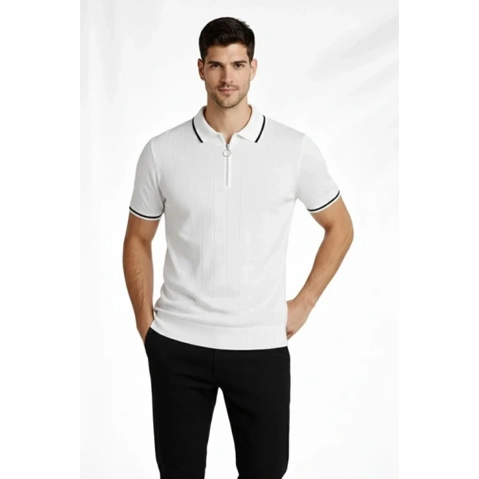 Erkek Fermuarlı Yaka Fitilli Triko Kısa Kollu Regular Fit Tişört T-shirt - Beyaz