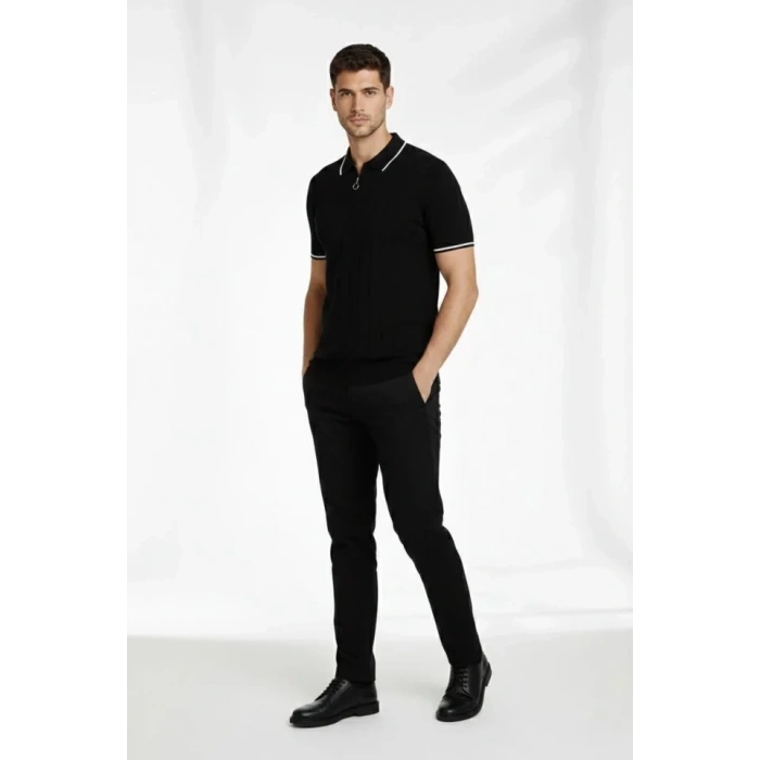 Erkek Fermuarlı Yaka Fitilli Triko Kısa Kollu Regular Fit Tişört T-shirt - Siyah