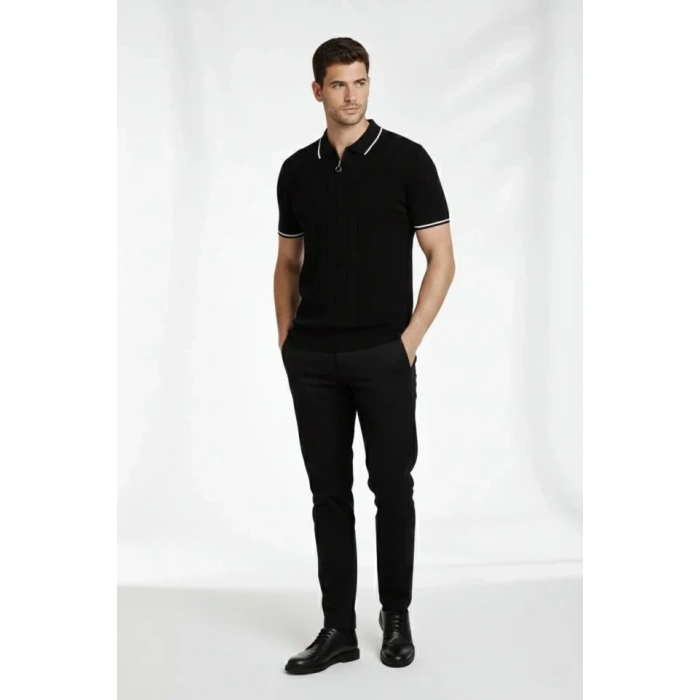 Erkek Fermuarlı Yaka Fitilli Triko Kısa Kollu Regular Fit Tişört T-shirt - Siyah