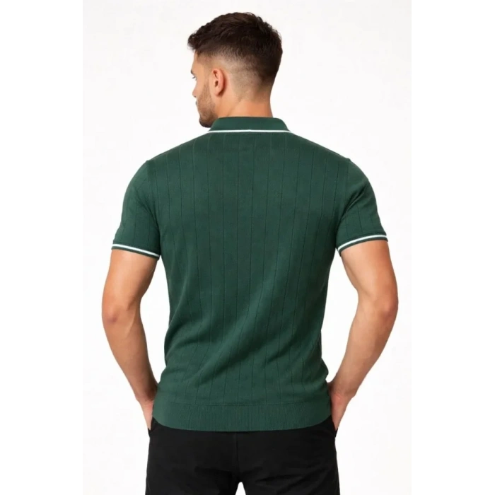 Erkek Fermuarlı Yaka Fitilli Triko Kısa Kollu Regular Fit Tişört T-shirt - Yeşil