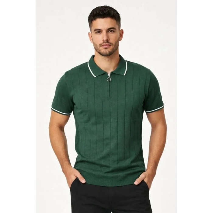 Erkek Fermuarlı Yaka Fitilli Triko Kısa Kollu Regular Fit Tişört T-shirt - Yeşil