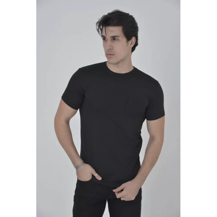 Erkek File Cepli Slim Fit T-shirt - Siyah