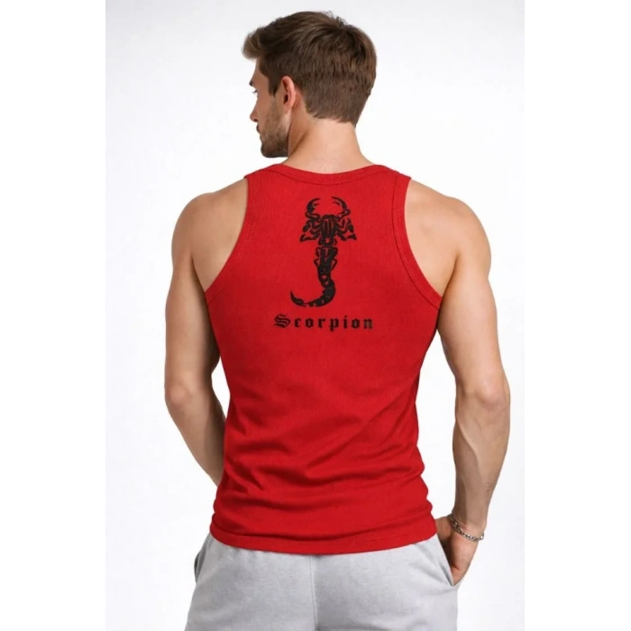Erkek Fitilli Atlet Sıfır Yaka Slim Fit Arka Baskılı Spor Atlet - Kırmızı