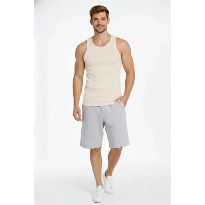 Erkek Fitilli Atlet Sıfır Yaka Slim Fit Arka Baskılı Spor Atlet - Krem