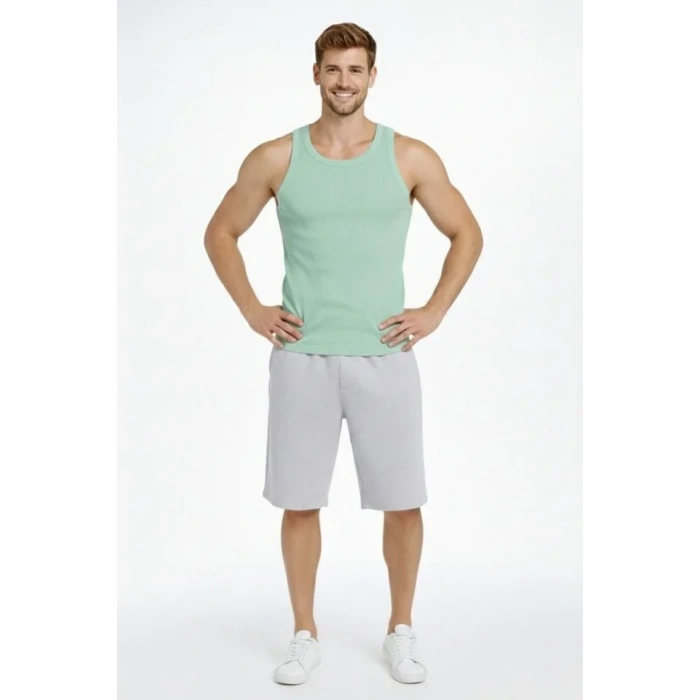 Erkek Fitilli Atlet Sıfır Yaka Slim Fit Arka Baskılı Spor Atlet - Mint Yeşili