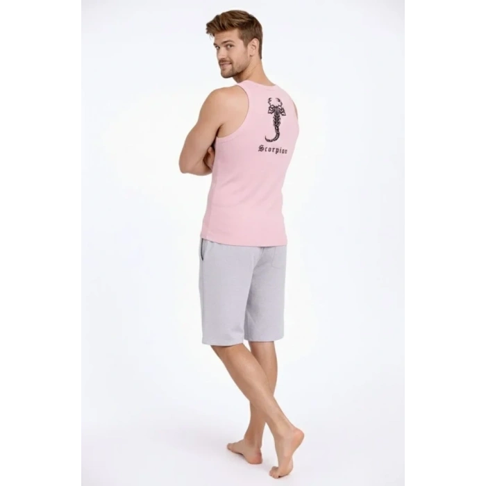 Erkek Fitilli Atlet Sıfır Yaka Slim Fit Arka Baskılı Spor Atlet - Pembe