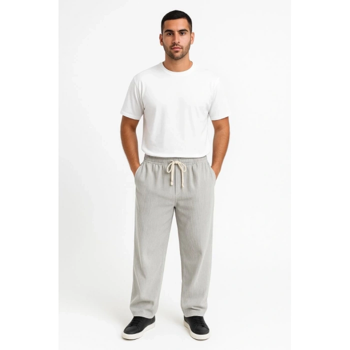 Erkek Fitilli Kadife Cepli Buggy Pantolon Oversize Rahat Kalıp - Gri