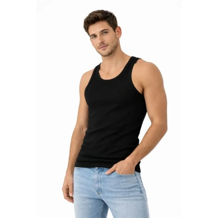 Erkek Fitilli Likralı Kaşkorse Atlet Vücuda Oturan Basic Şıklık - Siyah