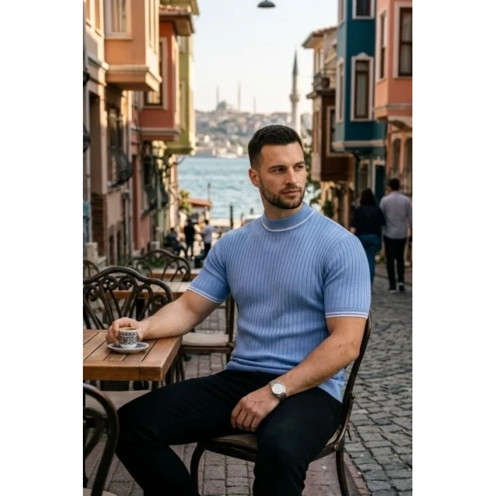 Erkek Fitilli Triko Dokuma Kısa Kol Tişört Yarım Boğaz Modern Yazlık T-Shirt - Bebe Mavisi
