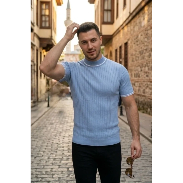 Erkek Fitilli Triko Dokuma Kısa Kol Tişört Yarım Boğaz Modern Yazlık T-Shirt - Bebe Mavisi