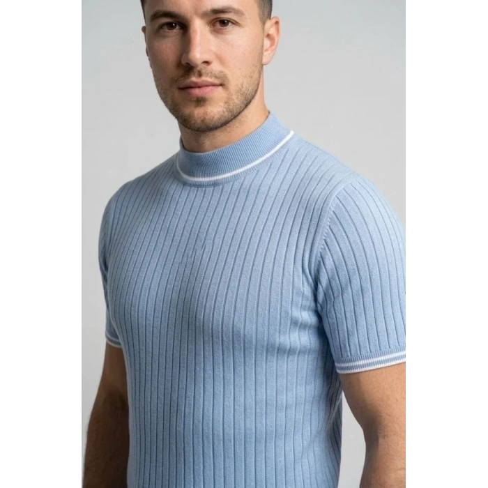Erkek Fitilli Triko Dokuma Kısa Kol Tişört Yarım Boğaz Modern Yazlık T-Shirt - Bebe Mavisi
