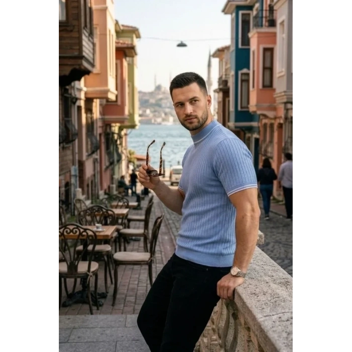 Erkek Fitilli Triko Dokuma Kısa Kol Tişört Yarım Boğaz Modern Yazlık T-Shirt - Bebe Mavisi