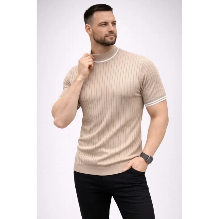 Erkek Fitilli Triko Dokuma Kısa Kol Tişört Yarım Boğaz Modern Yazlık T-Shirt - Bej