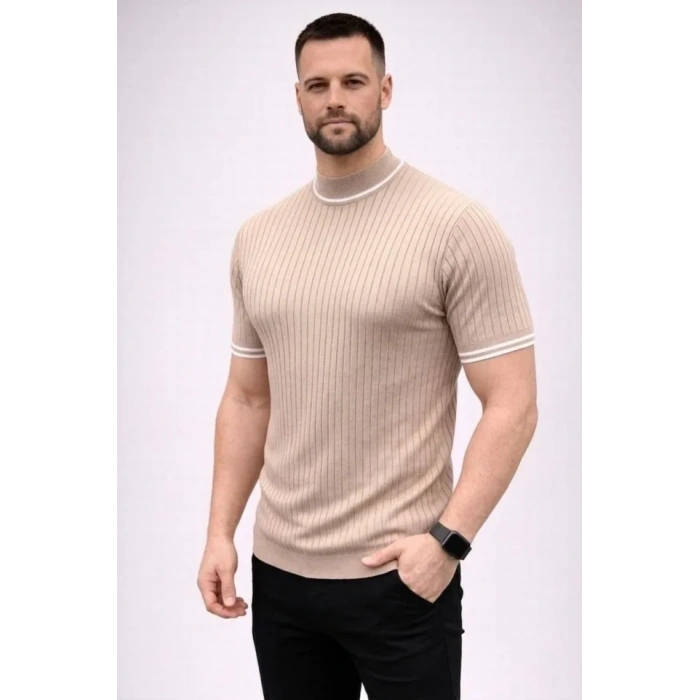 Erkek Fitilli Triko Dokuma Kısa Kol Tişört Yarım Boğaz Modern Yazlık T-Shirt - Bej