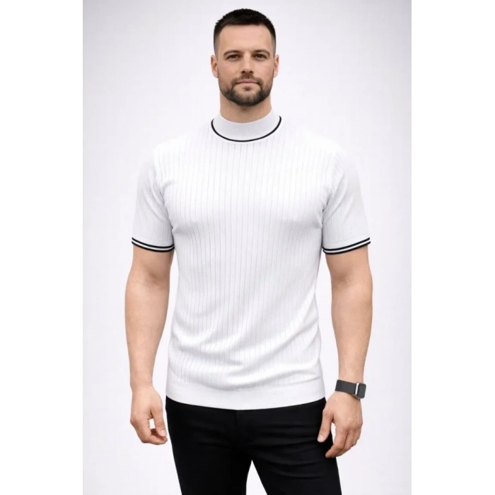 Erkek Fitilli Triko Dokuma Kısa Kol Tişört Yarım Boğaz Modern Yazlık T-Shirt - Beyaz